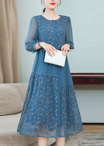 Blue Embroideried Patchwork Silk Dresses Spring