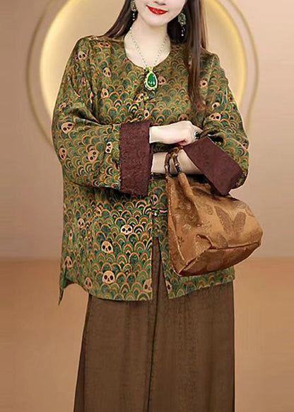 Retro Green O Neck Print Chinese Button Silk Coats Fall