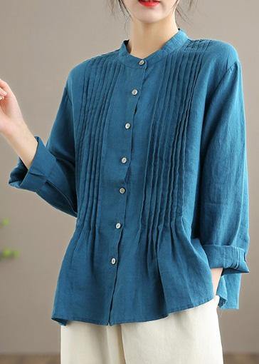 French Blue Blouse Stand Collar Cinched Art Spring Top