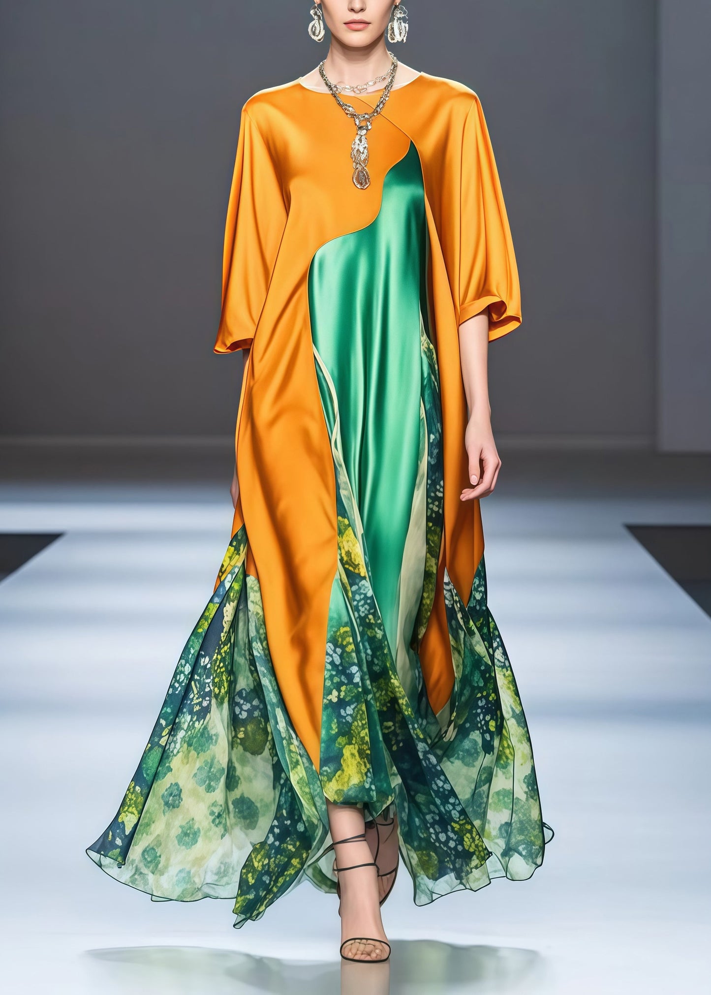 Yellow Asymmetrical Patchwork Draping Silk Holiday Dress Spring