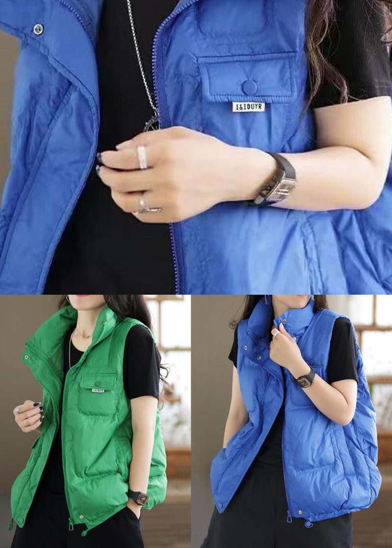 Green Zip Up Pockets Patchwork Duck Down Waistcoat Sleeveless