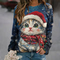 Christmas Cat Print Round Neck Long Sleeve Casual Sweatshirt elevenforest