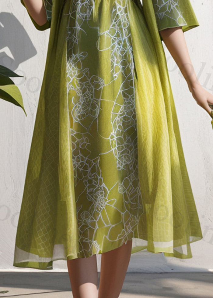 Handmade Grass Green Print Patchwork Silk Holiday Dress Summer
