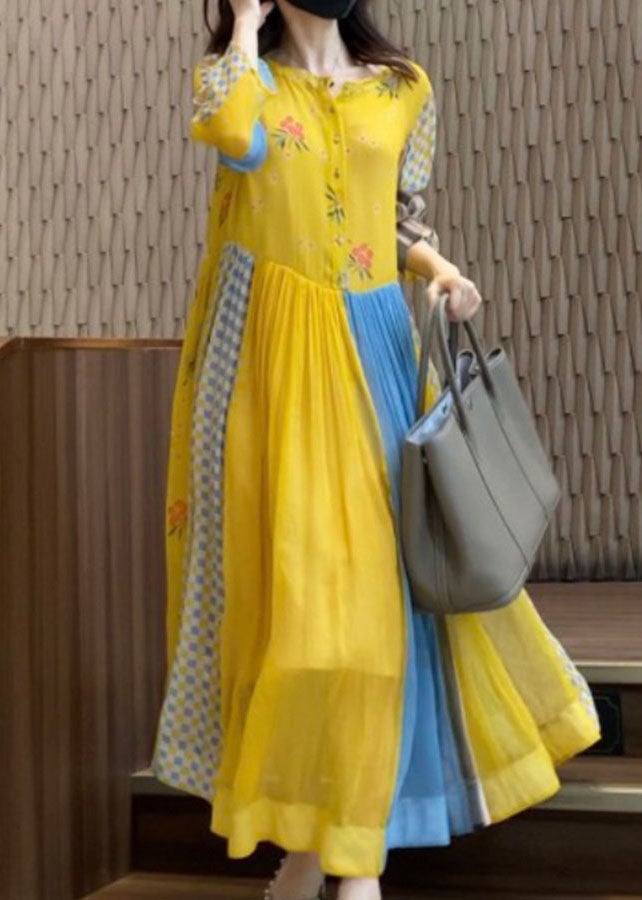 Yellow Print Patchwork Chiffon Vacation Dresses Spring