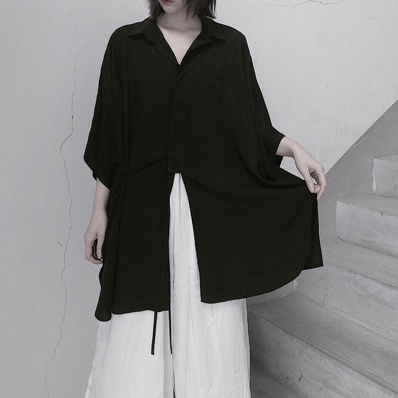 Diy Lapel Batwing Sleeve Blouses for Photography Black Top