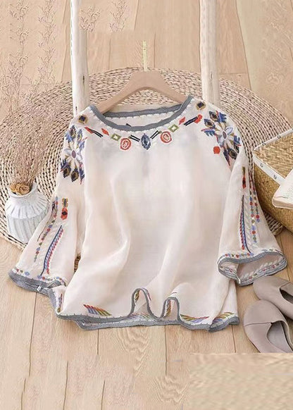Loose White O-neck Embroidered Linen T Shirt Half Sleeve