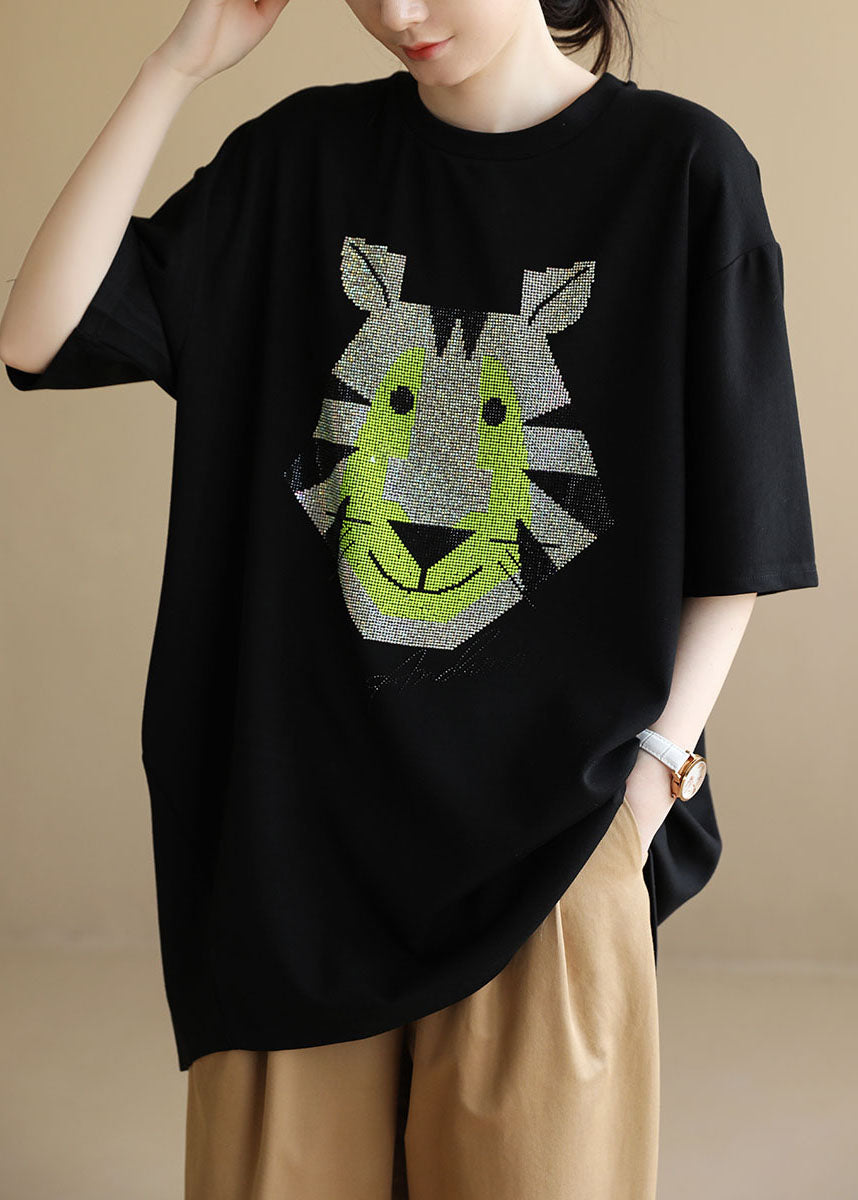 Loose Black O-neck Animal Print Side Open Cotton Tanks Short Sleeve