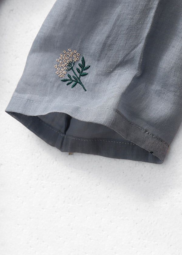 Grey Embroidered Button Cotton Dresses Half Sleeve Summer