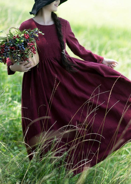 Wine Red O-neck Patchwork Spring Dresses