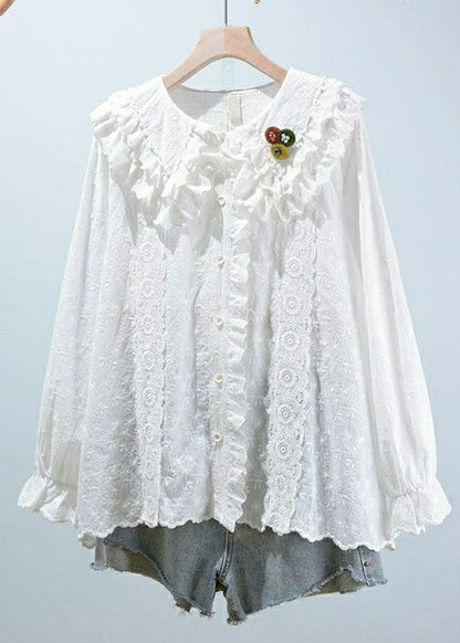 Beige Embroideried Button Cotton Blouses Long Sleeve