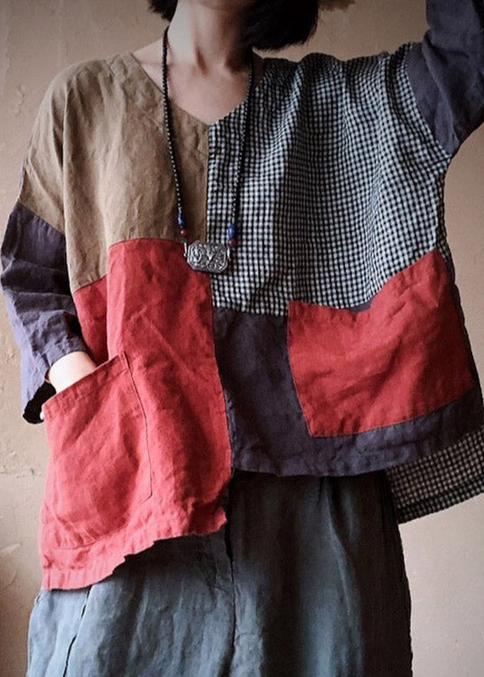 V Neck Pockets Asymmetrical Patchwork Pockets Linen Tops Long Sleeve