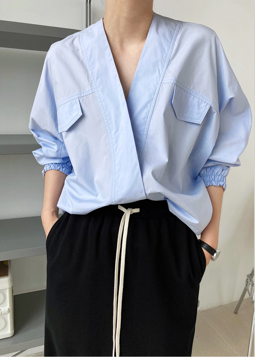 French White V Neck Cotton Shirts Top Batwing Sleeve