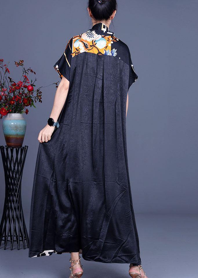 Comfy Black Print Patchwork Silk Robe Dresses Summer