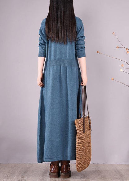 Loose V Neck Asymmetric Spring Quilting Clothes Work Blue Robes Dresses