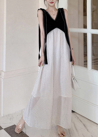 Diy Black White V Neck Patchwork Dot Maxi Dresses Summer