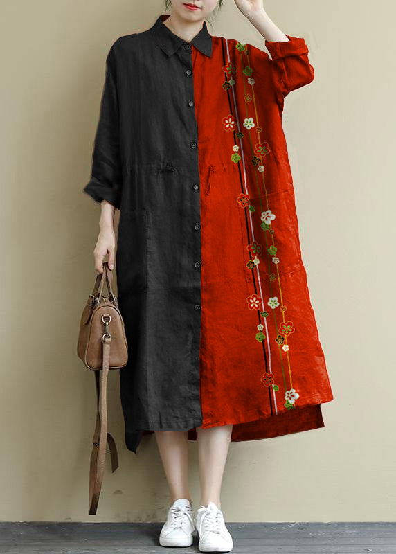 Green Flower Linen Shirt Dress Oversize Spring Maxi Dresses