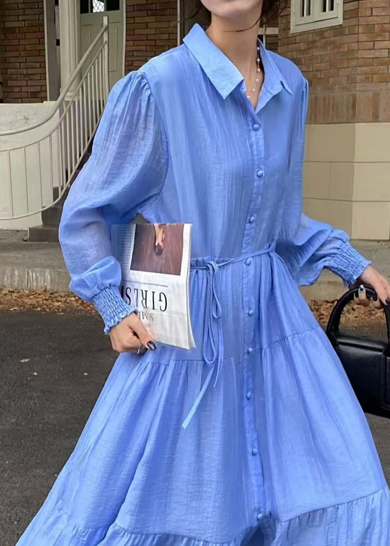Blue Tie Waist Exra Large Hem Cotton Shirt Dresses Fall