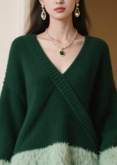 Tea Green Oversized Patchwork Knitwear Dress Winter