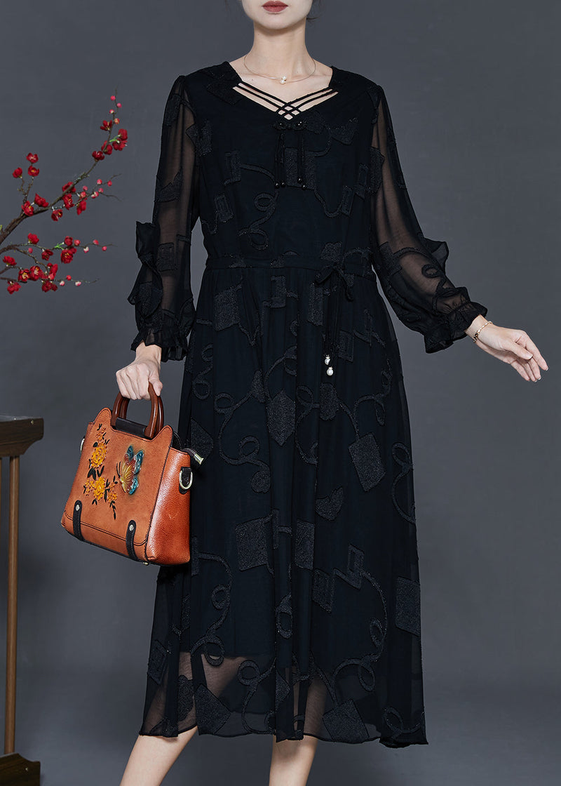 Modern Black Jacquard Tasseled Silk Maxi Dresses Spring