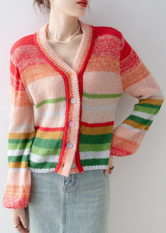 New V Neck Striped Button Knit Cardigans Spring