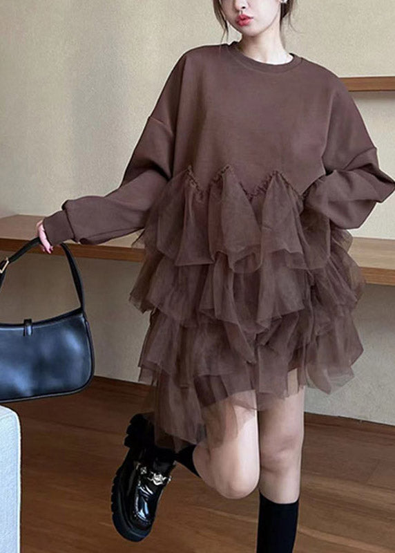 Art Green O-neck Tulle Patchwork a Line Mid Dress Fall