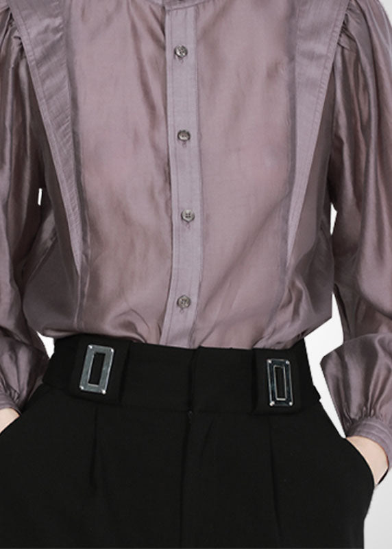 Grey Purple Peter Pan Collar Patchwork Shirt Tops Long Sleeve