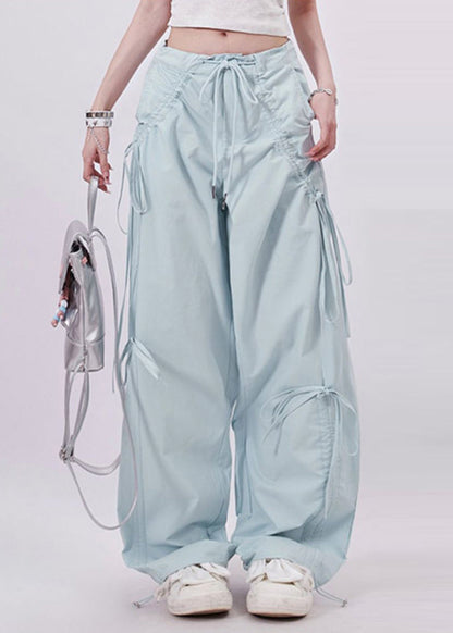 Light Blue Tie Waist Bow Cotton Pants Spring