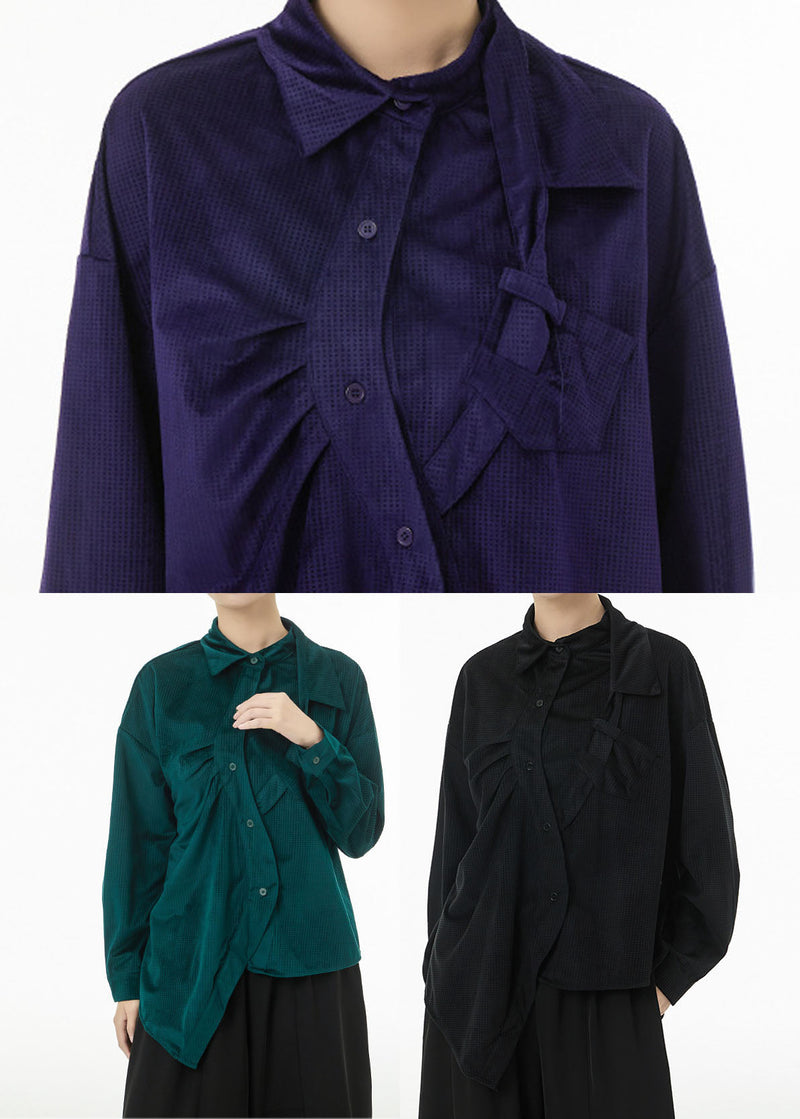 Purple Asymmetrical Design Silk Velour Shirt Top Spring