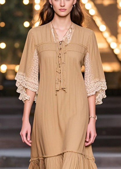 Khaki V Neck Patchwork Lace Cotton Robe Dress Summer