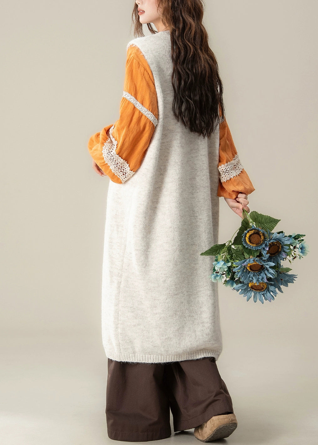 Apricot Button Cotton Knit Long Sweaters Dress ,top and Wide Leg Pants Three-piece Set Spring