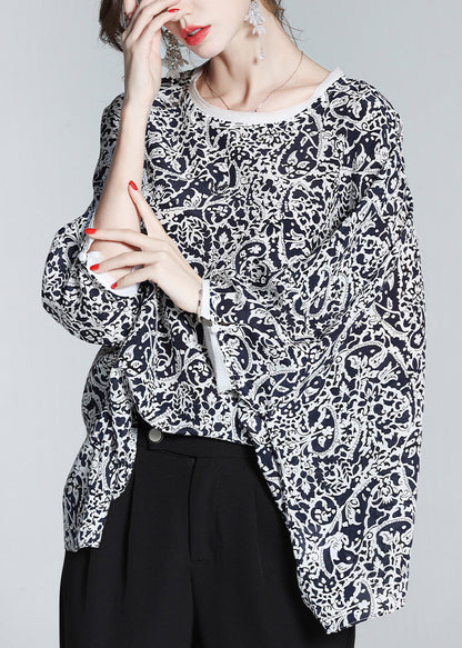 Retro Black O-neck Print Silk Shirts Long Sleeve