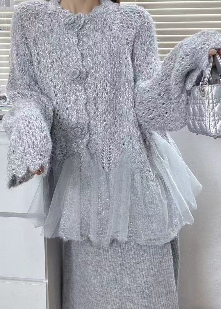 Pink Flower Patchwork Tulle Knit Cardigans Winter