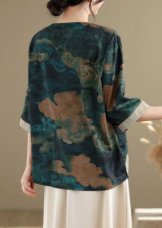 Green Asymmetrical Print Silk Blouses Half Sleeve Fall
