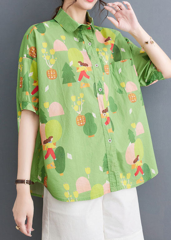 Green Peter Pan Collar Print Patchwork Cotton Shirt Tops Summer