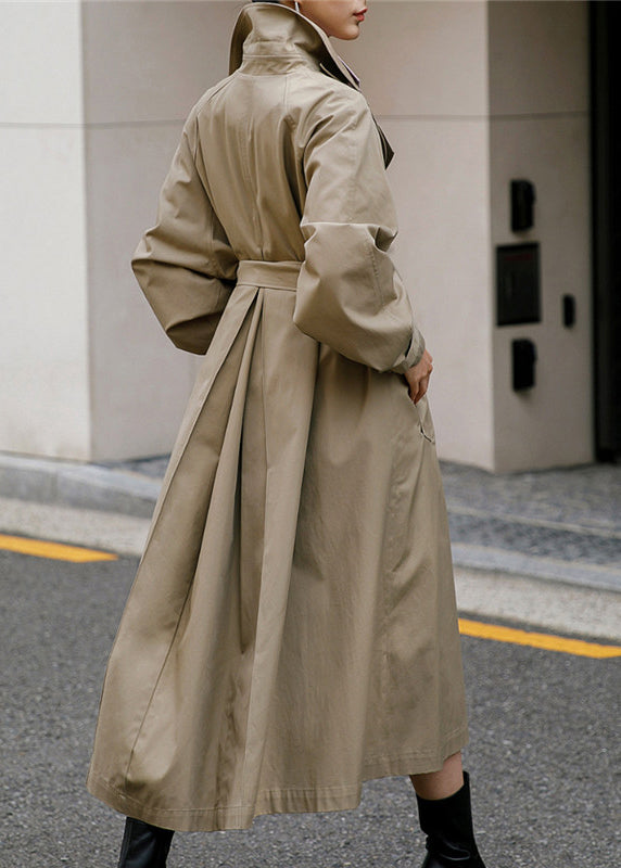 Khaki Peter Pan Collar Tie Waist Button Pockets Cotton Trench Coats Long Sleeve Fall