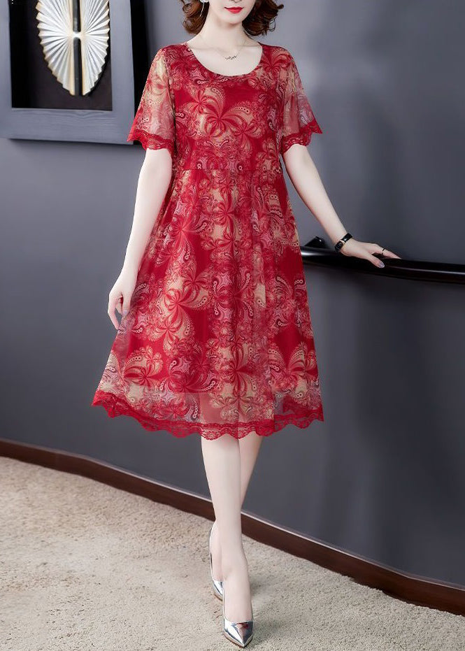 Red O Neck Print Lace Tulle Dress Summer