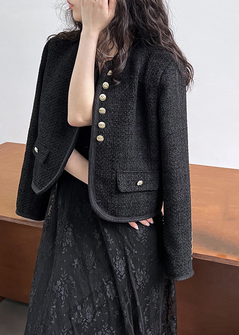 Black O-neck Button Woolen Coat Long Sleeve