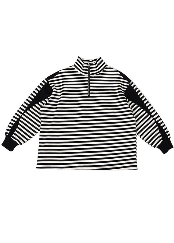 Unique Black White Striped Loose Zippered Patchwork Fall Long Sleeve Top