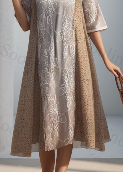 French Khaki O Neck Print Patchwork Silk Dress Summer