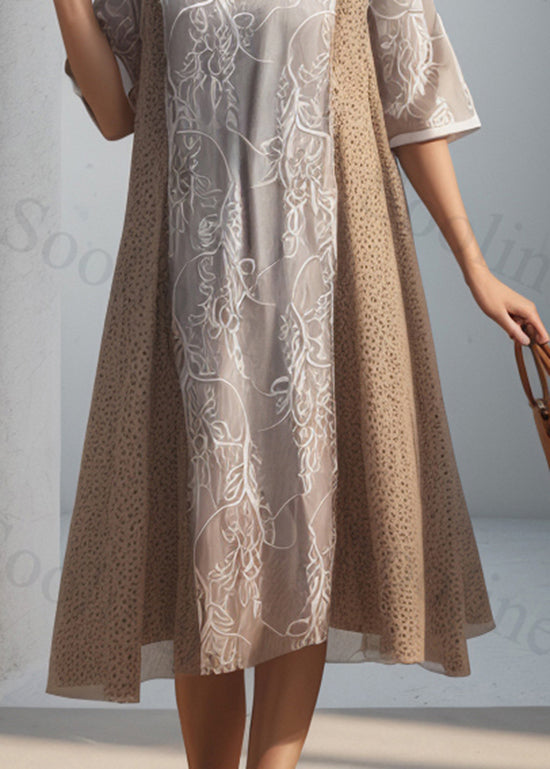 French Khaki O Neck Print Patchwork Silk Dress Summer