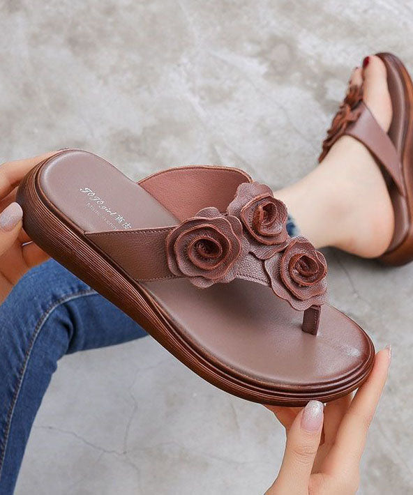 Brown Splicing Faux Leather Wedge Flip Flops
