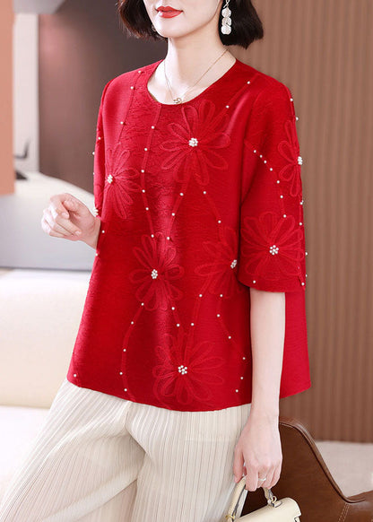 Red Embroideried Nail Bead T Shirts Summer