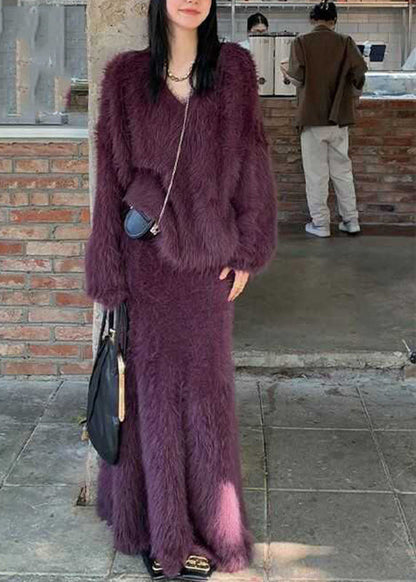 Stylish Grey Mink Hair Knitted Sweaters and Maxi Skirts Two Piece Set Winter