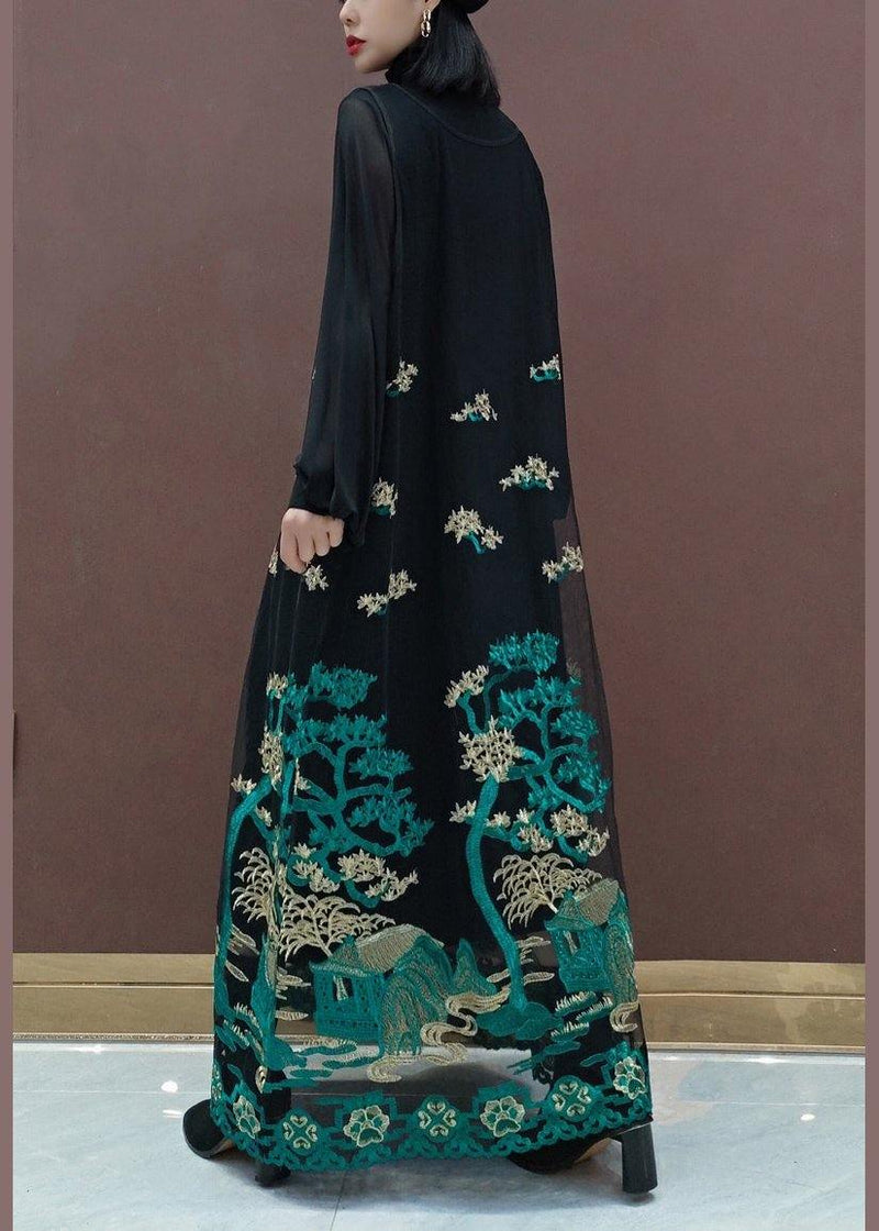 Modern Black Embroidery Dresses Stand Collar Patchwork Tulle Vestidos De Lino Spring Dress
