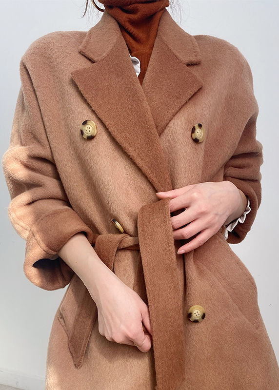 Purple Double Breast Tie Waist Woolen Coats Winter