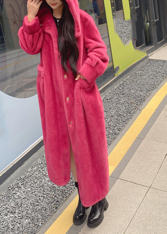 Red Pockets Mink Hair Knitted Hoodie Long Coat Winter