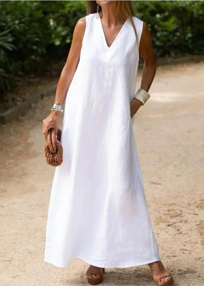 White V Neck Cotton a Line Dress Sleeveless Summer