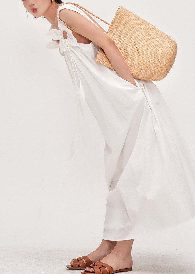 Simple White Oversized Decorated Cotton Cami Dress Summer