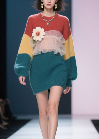 New Colorblock Tulle Ruffled Knit Sweater Dress Winter