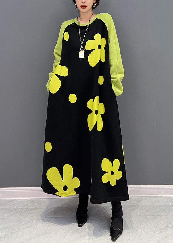 Diy Colorblock O Neck Cotton Long Dress Spring